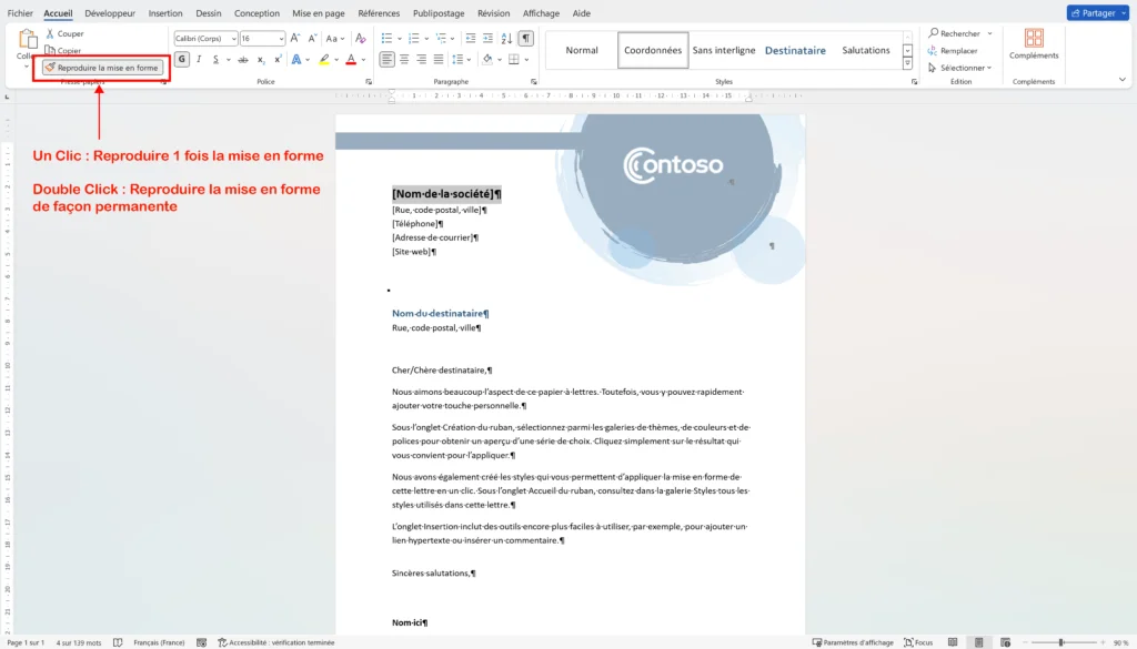 Bouton permettant de reproduire la mise en forme sous Word