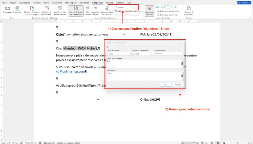Fenêtre de publipostage conditionnel