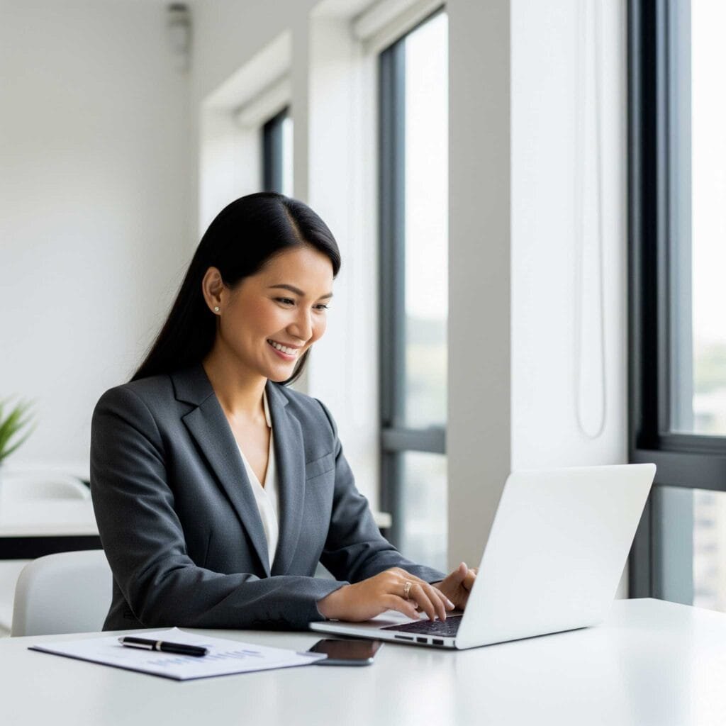Femme qui sourrit utilisant son ordinateur