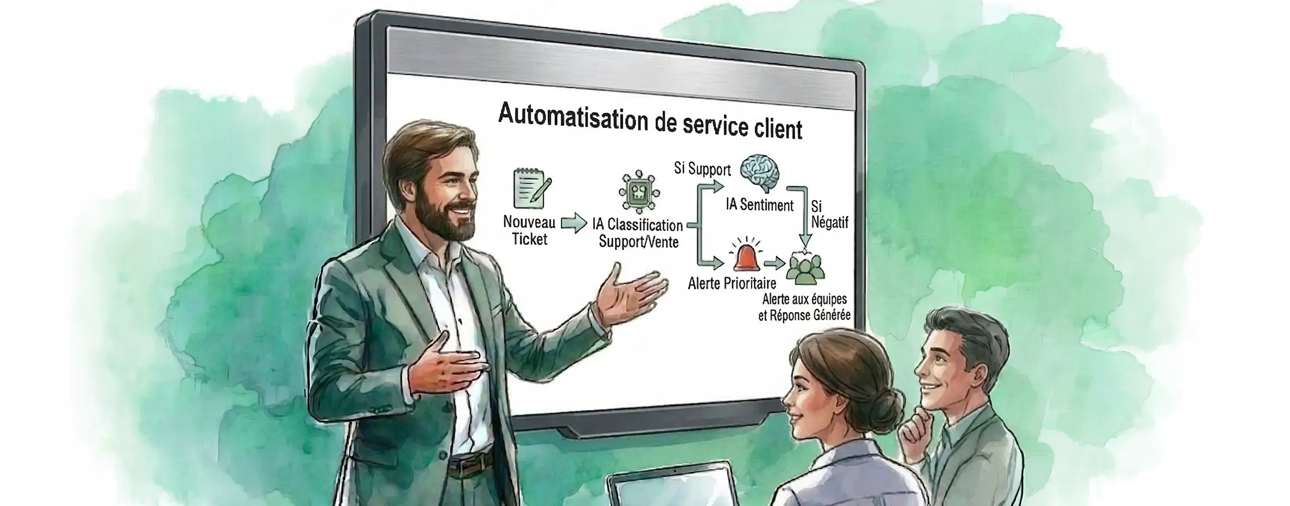 Un formateur présente au tableau derrière lui une automatisation à ses stagiaires